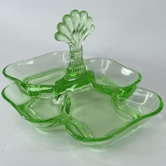 Cambridge 862 Green Uranium Depression Glass 4 Part Relish Tray Center Handle - Picture 1 of 12